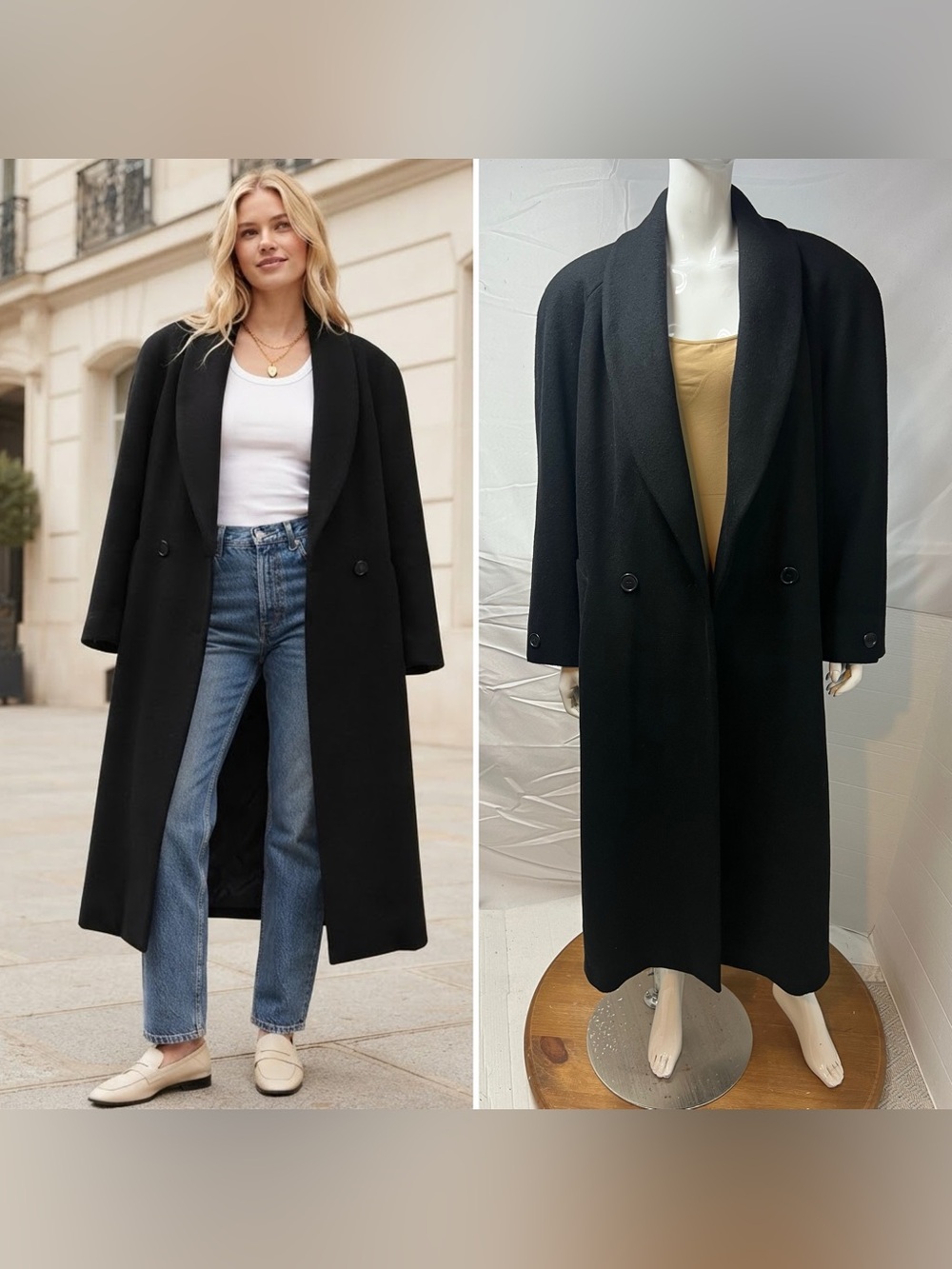 Vintage Jones New York Women’s Large XL Long Black Wool Shawl Collar Overcoat